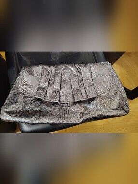 Oroton Metallic Silver Pleated Fold-Over Clutch